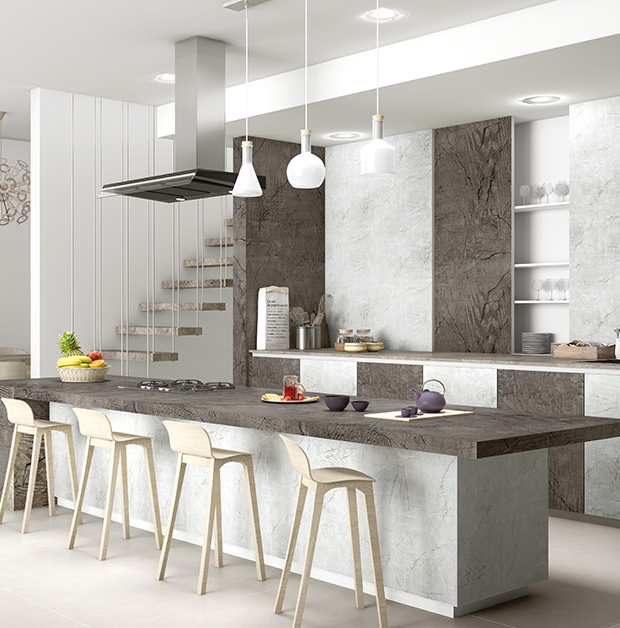 Interior application of Cedar Decor Silver Stone HPL laminate in a modern setting